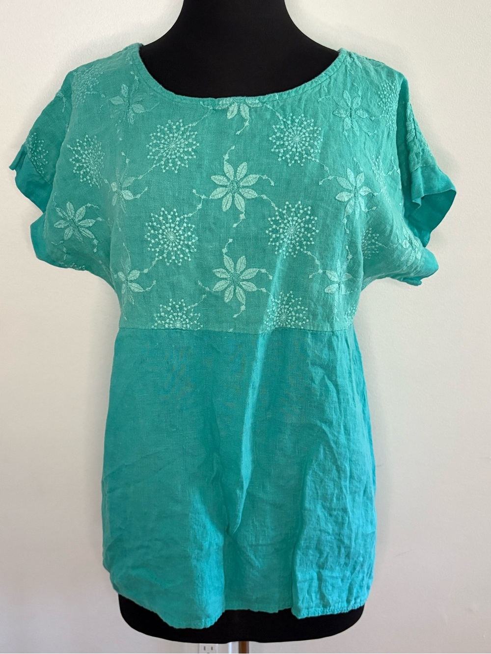 Women’s Embroidered Teal Short-Sleeve Linen Blouse Large